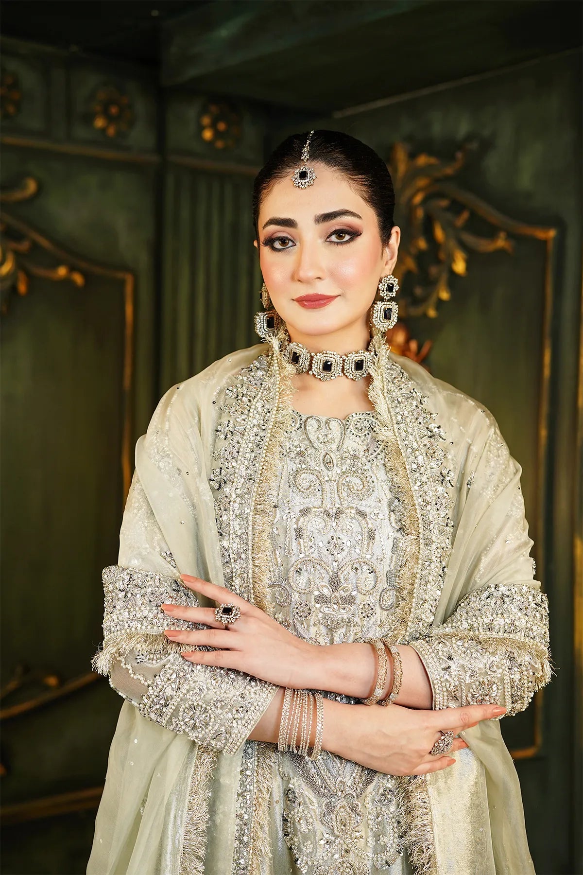 Silver bridal tissue maxi 3PC with hand embellishment and organza dupatta for wedding and formal wear