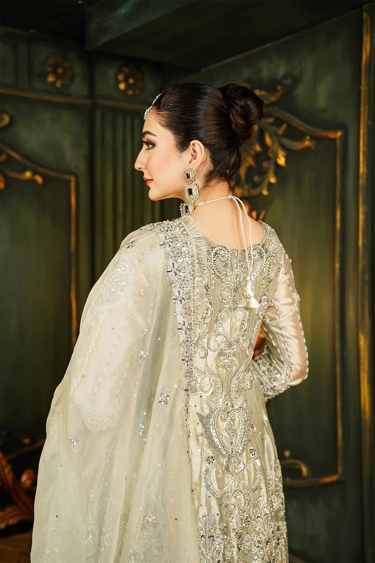 Silver bridal tissue maxi 3PC with hand embellishment and organza dupatta for wedding and formal wear