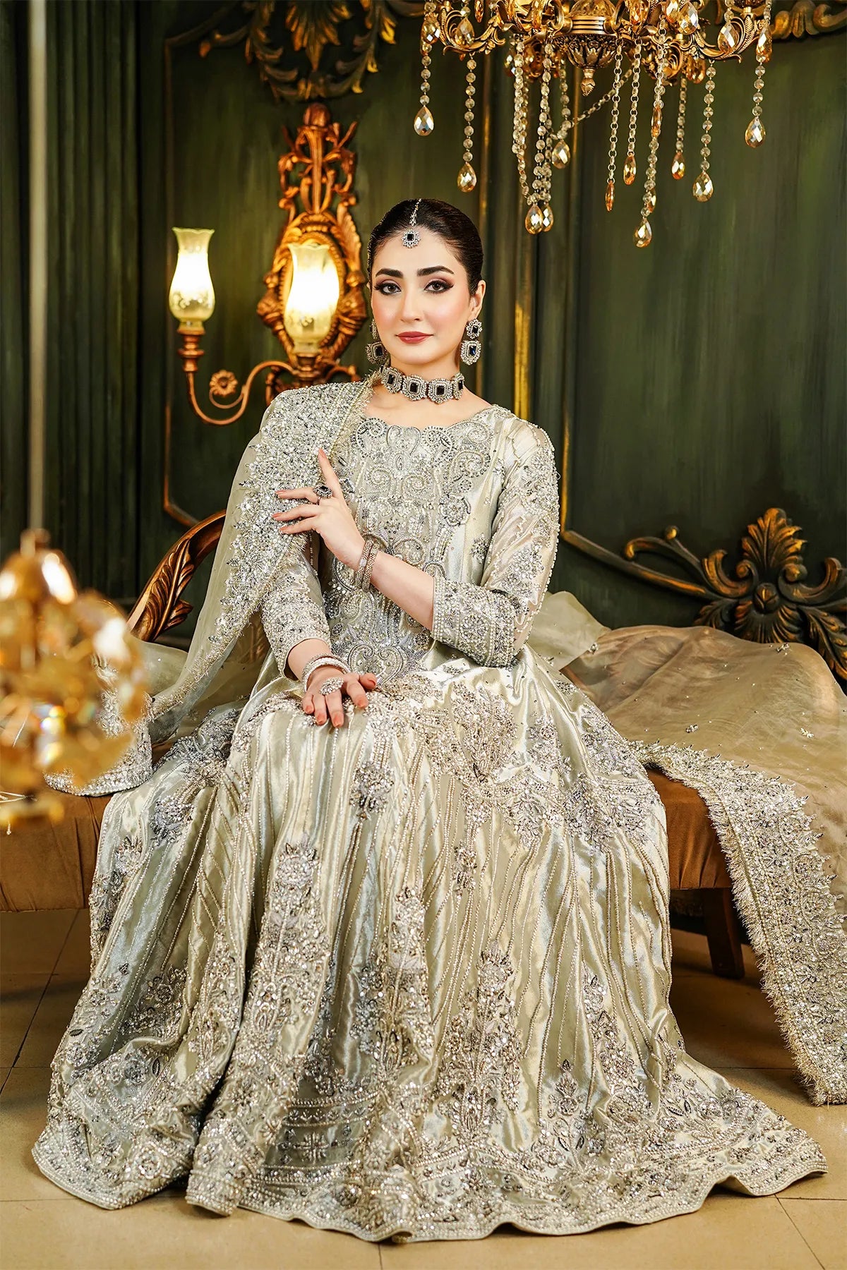 Silver bridal tissue maxi 3PC with hand embellishment and organza dupatta for wedding and formal wear