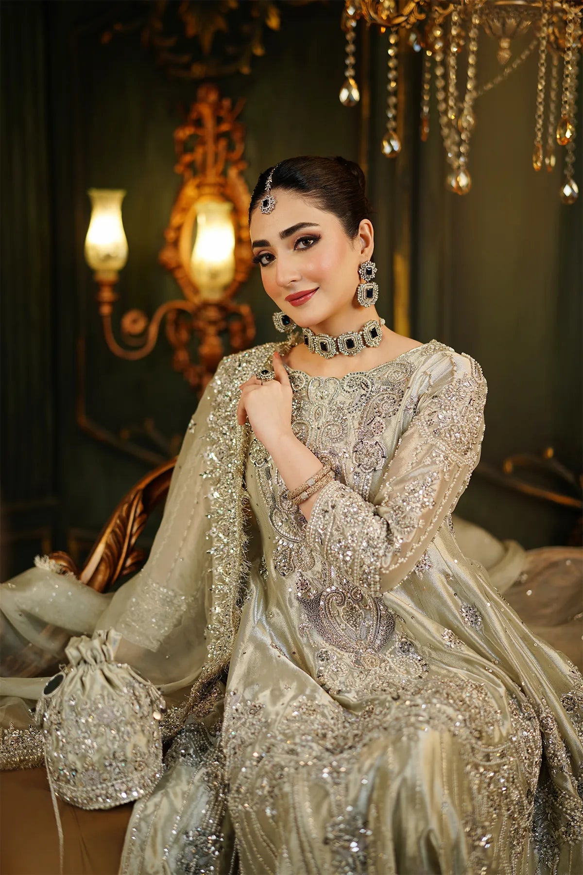 Silver bridal tissue maxi 3PC with hand embellishment and organza dupatta for wedding and formal wear