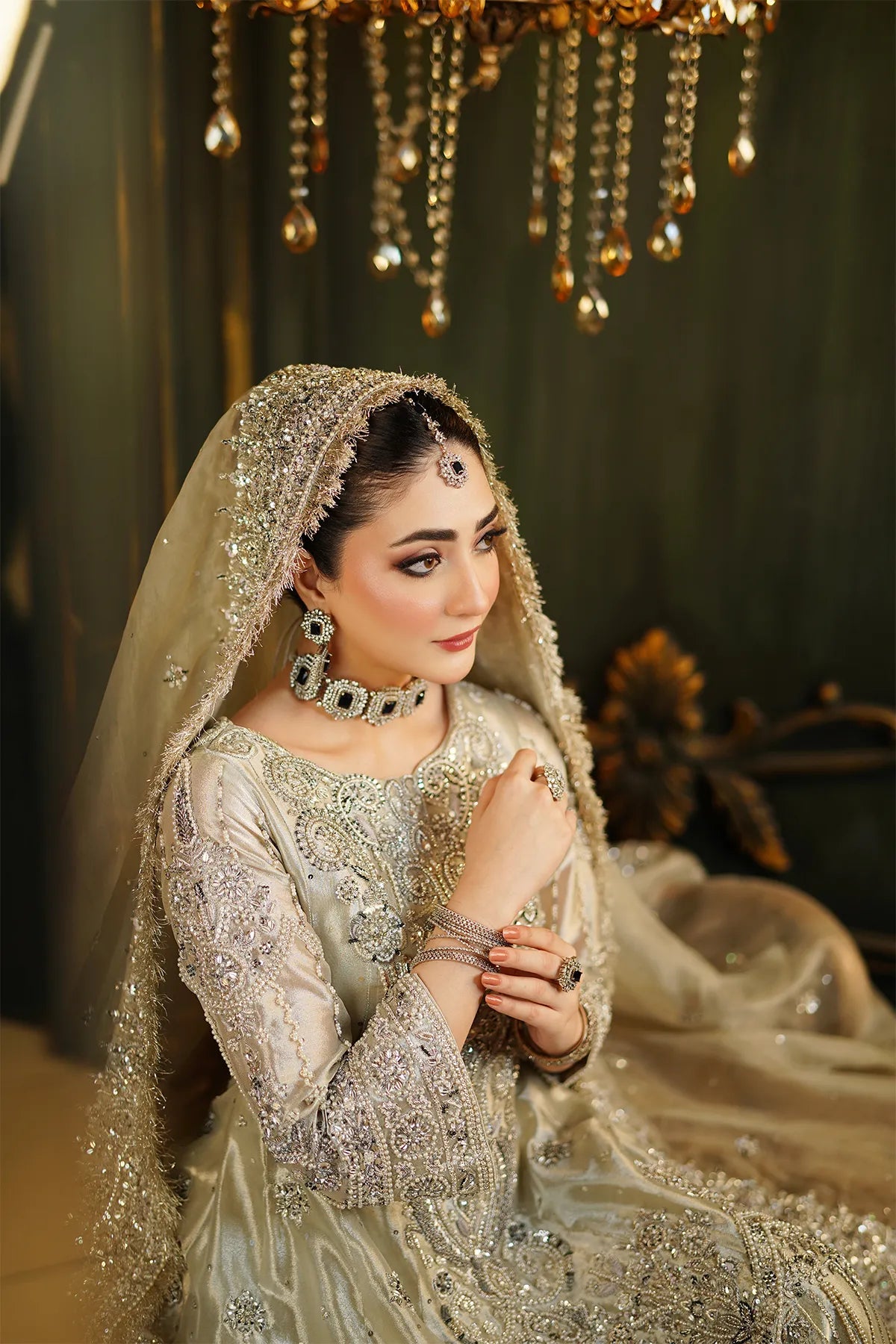 Silver bridal tissue maxi 3PC with hand embellishment and organza dupatta for wedding and formal wear