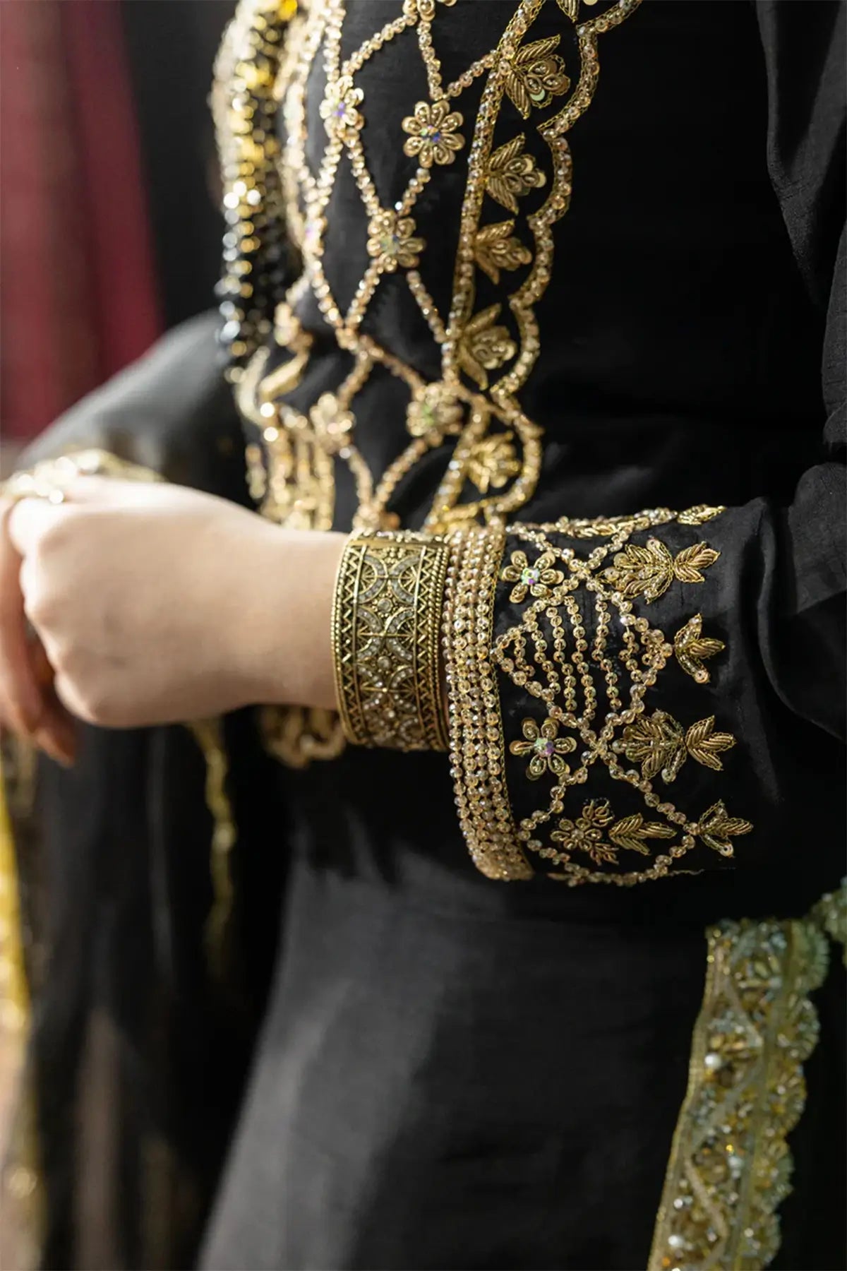 Kajal- Formal Black and Gold Sharara Suit