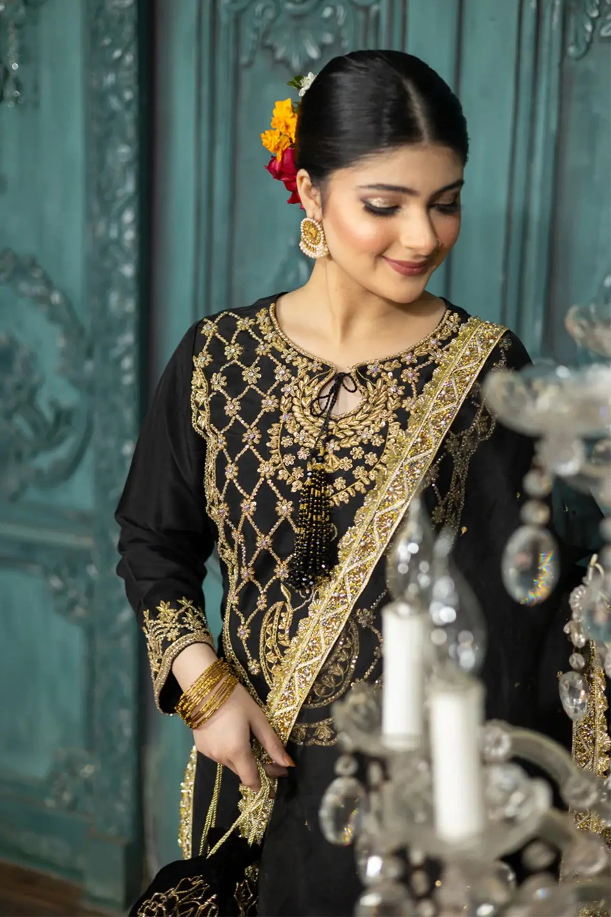 Kajal- Formal Black and Gold Sharara Suit