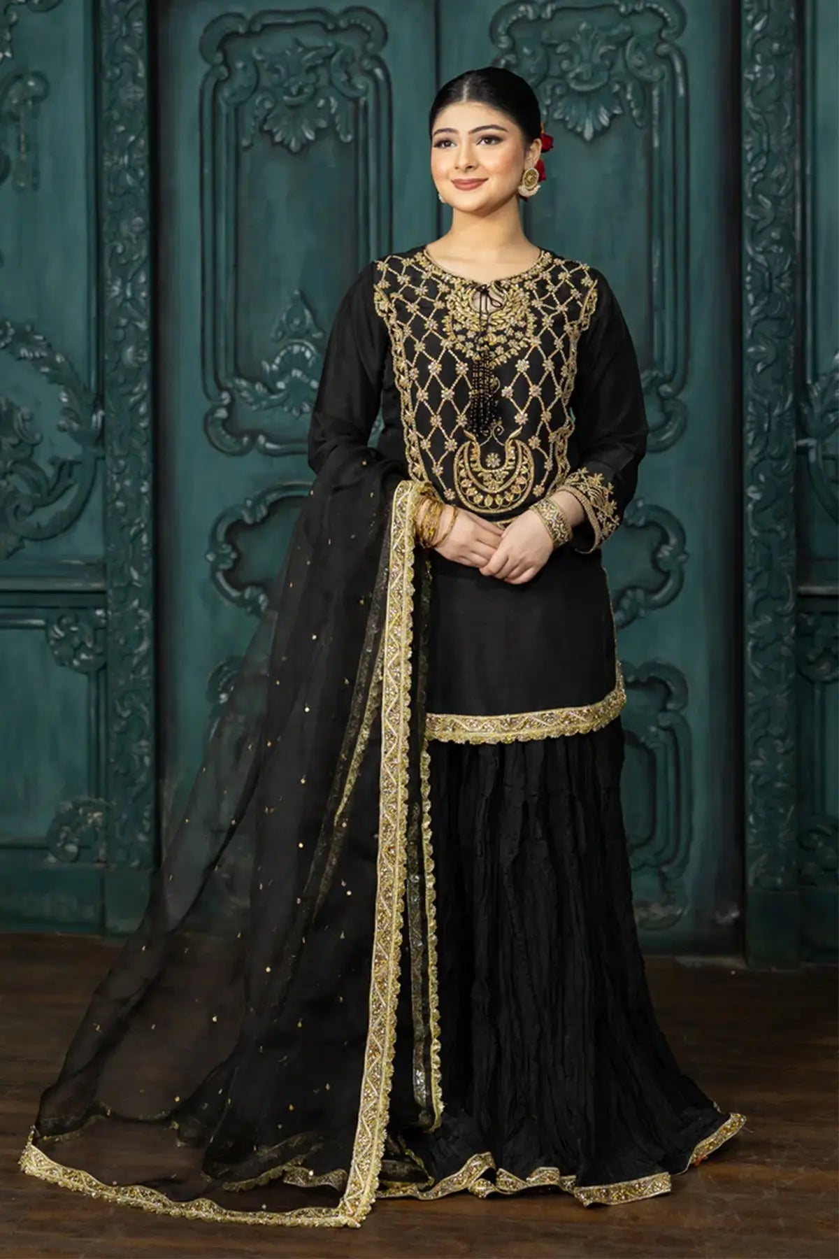 Kajal- Formal Black and Gold Sharara Suit