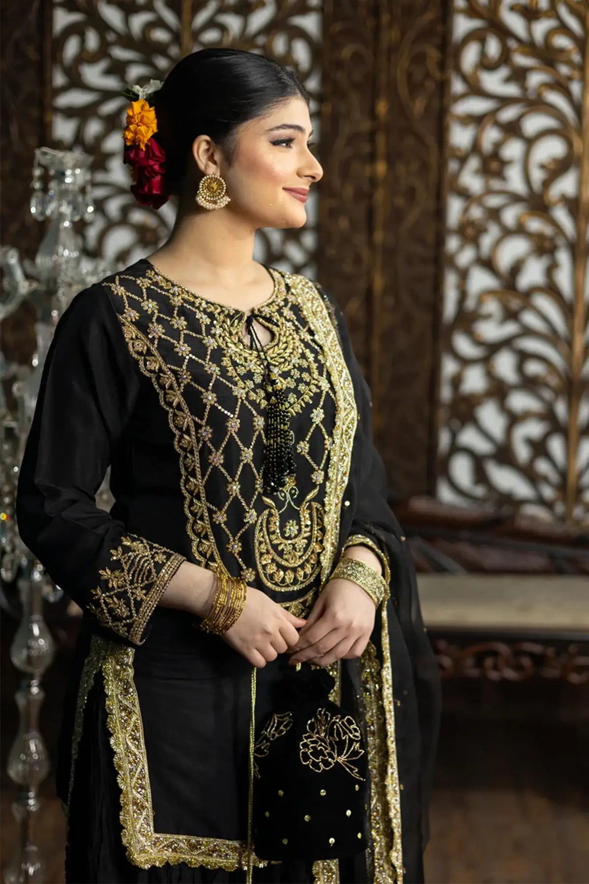 Kajal- Formal Black and Gold Sharara Suit