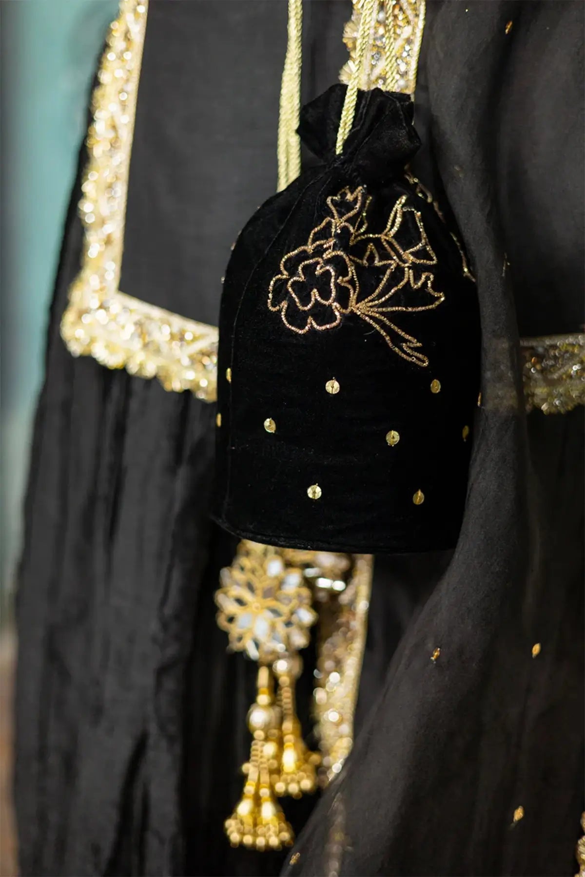 Kajal- Formal Black and Gold Sharara Suit