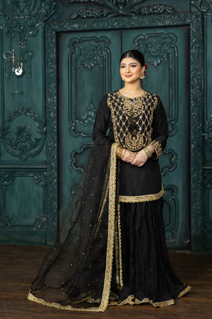 Kajal- Formal Black and Gold Sharara Suit