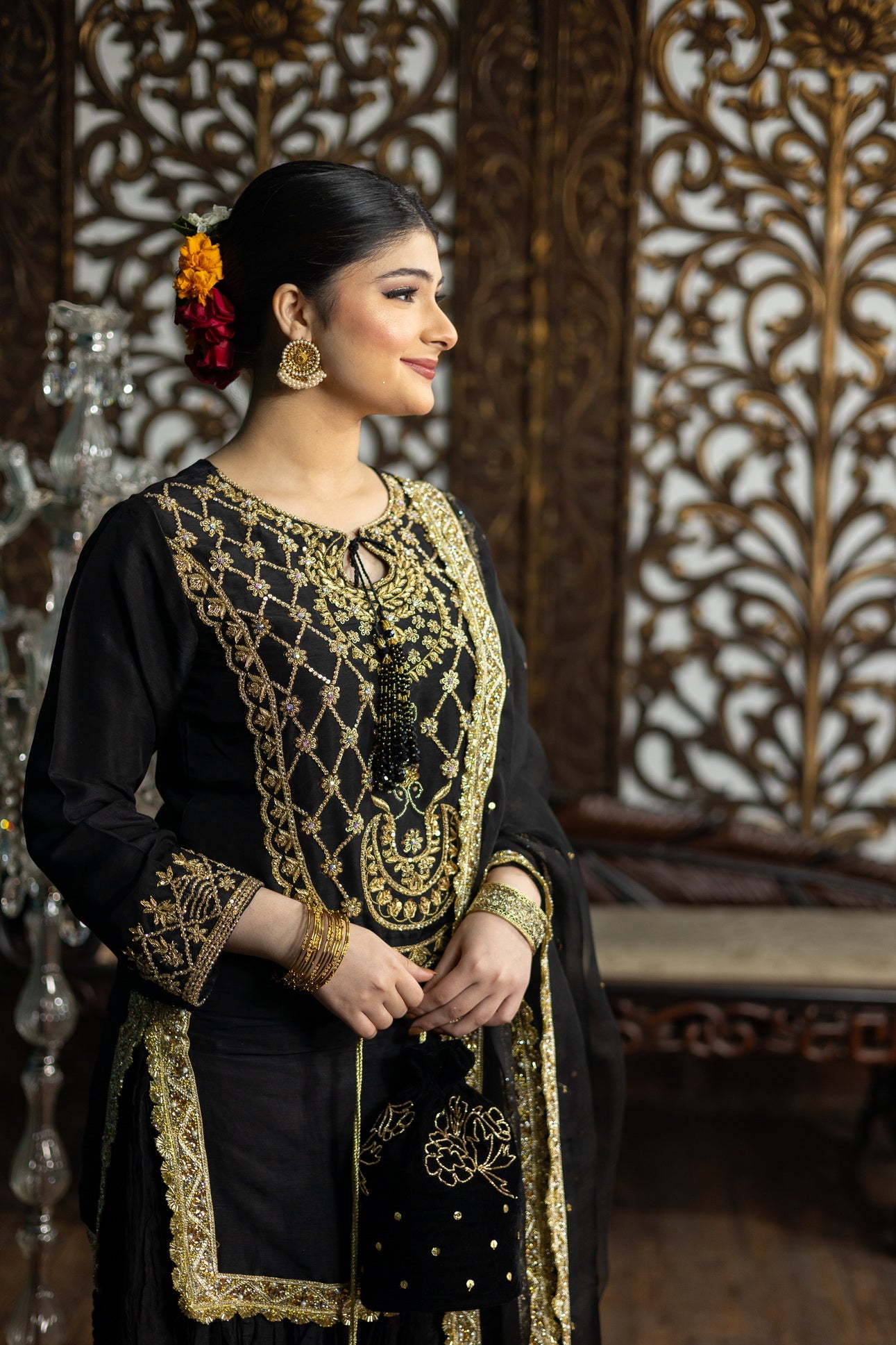 Kajal- Formal Black and Gold Sharara Suit