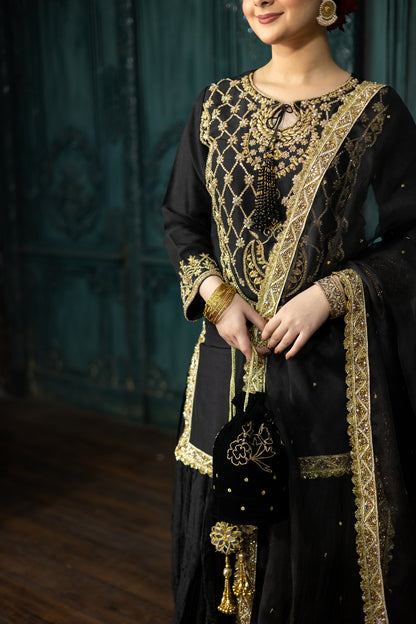 Kajal- Formal Black and Gold Sharara Suit