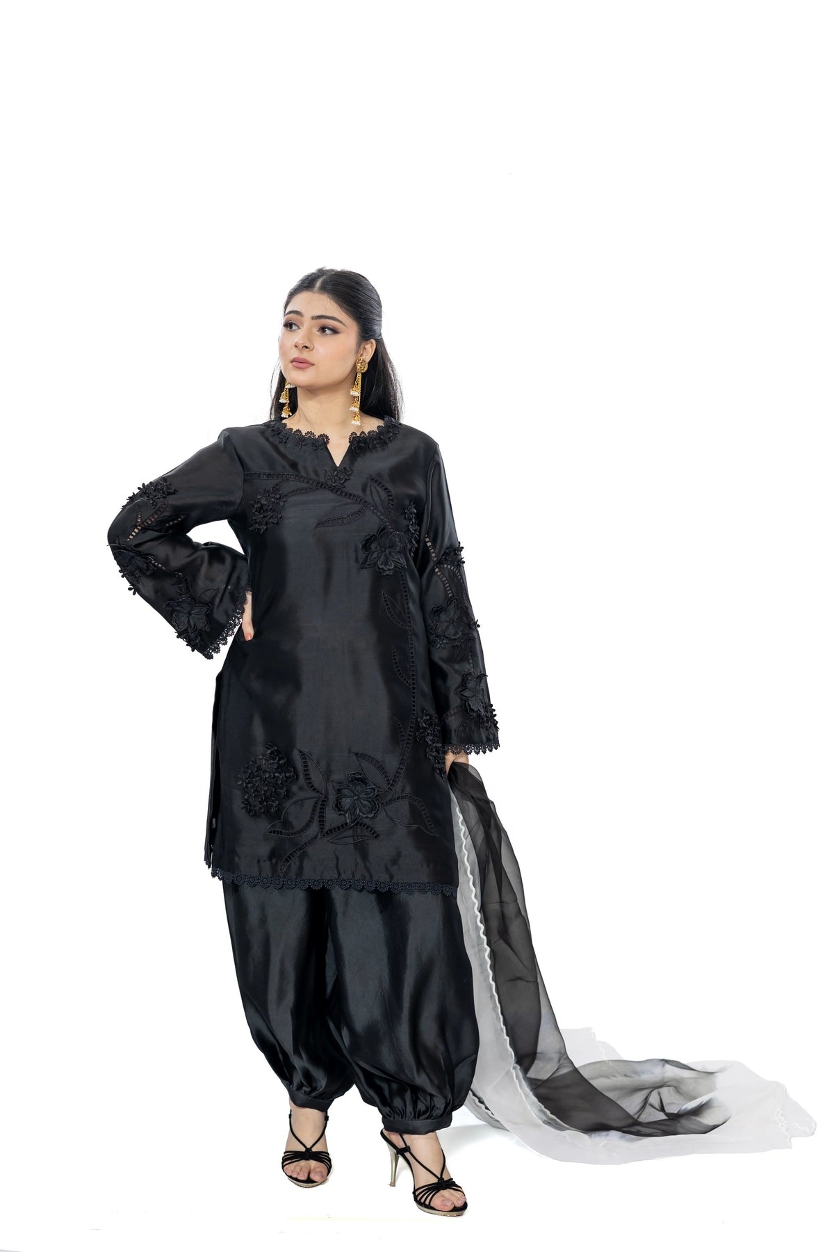 Katrina black Sheesha silk stitched 3PC suit with 3D applique and organza dupatta from Soroya by MariamRaj