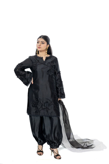 Katrina black Sheesha silk stitched 3PC suit with 3D applique and organza dupatta from Soroya by MariamRaj