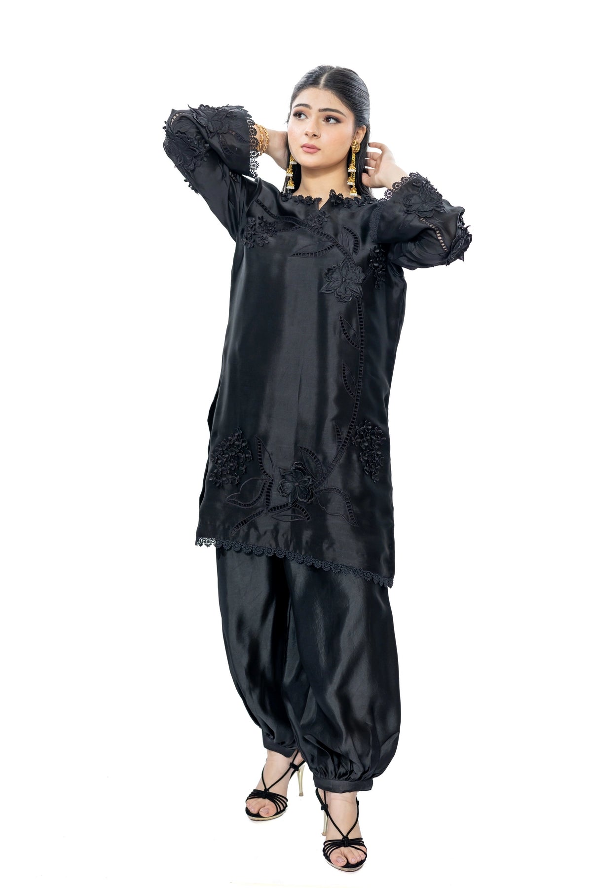 Katrina black Sheesha silk stitched 3PC suit with 3D applique and organza dupatta from Soroya by MariamRaj