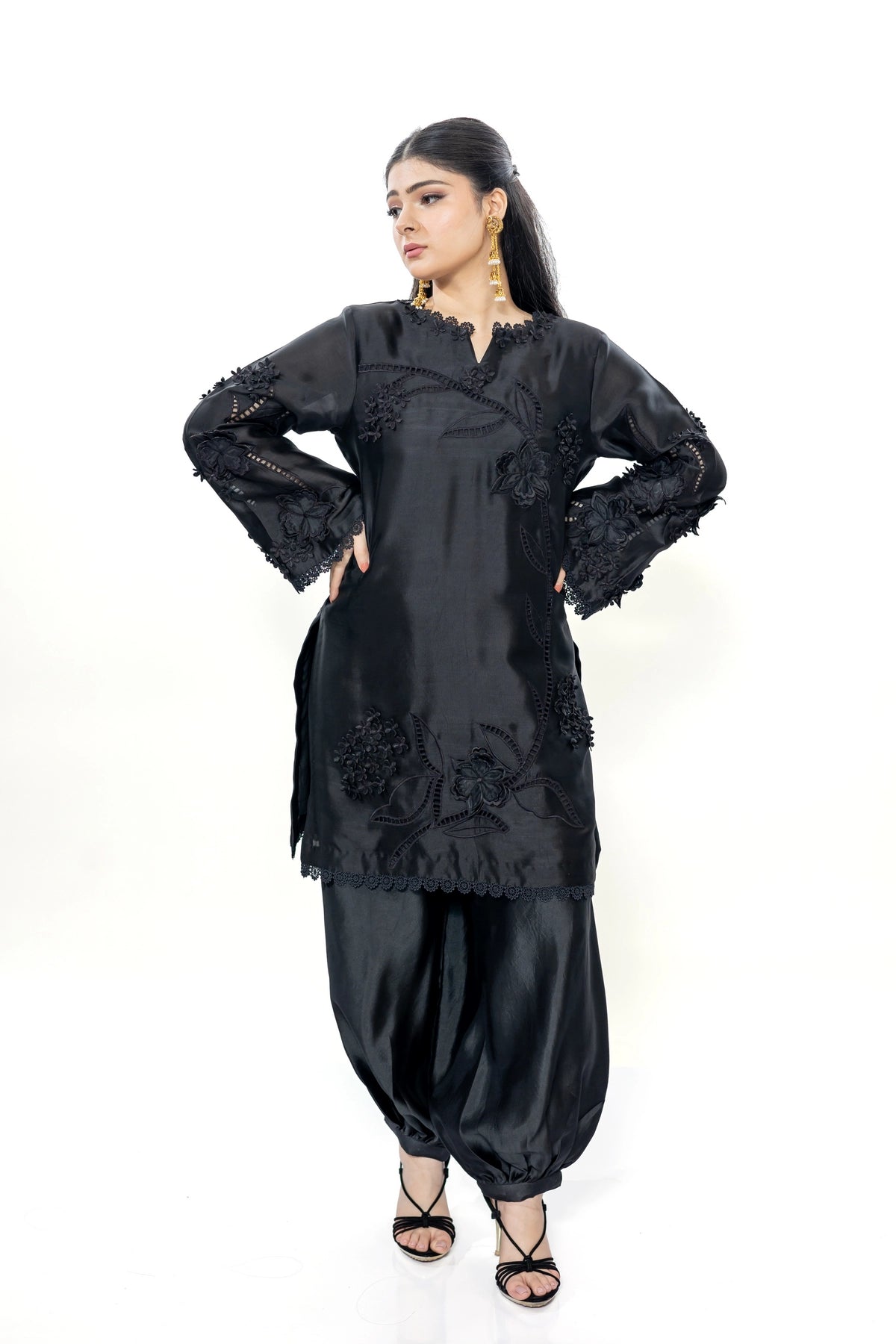 Katrina black Sheesha silk stitched 3PC suit with 3D applique and organza dupatta from Soroya by MariamRaj