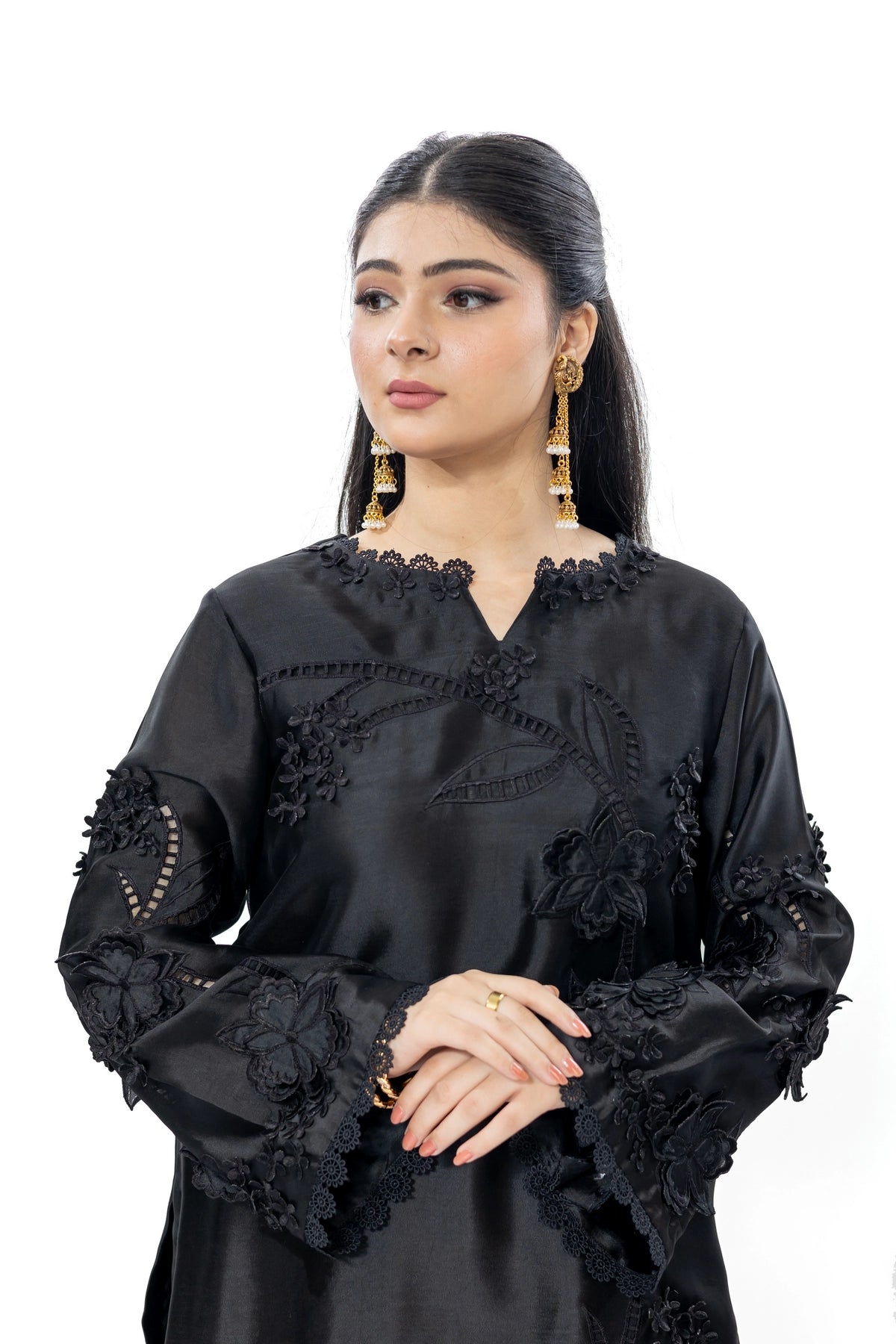 Katrina black Sheesha silk stitched 3PC suit with 3D applique and organza dupatta from Soroya by MariamRaj