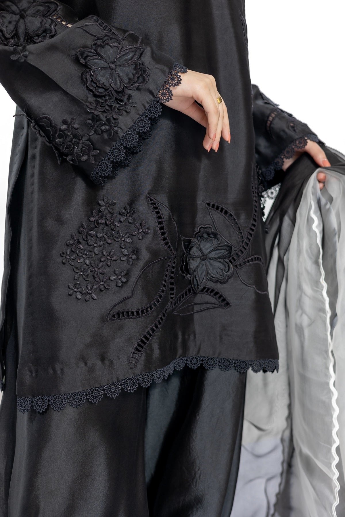 Katrina black Sheesha silk stitched 3PC suit with 3D applique and organza dupatta from Soroya by MariamRaj