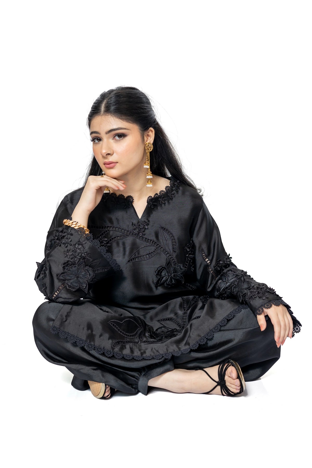 Katrina black Sheesha silk stitched 3PC suit with 3D applique and organza dupatta from Soroya by MariamRaj