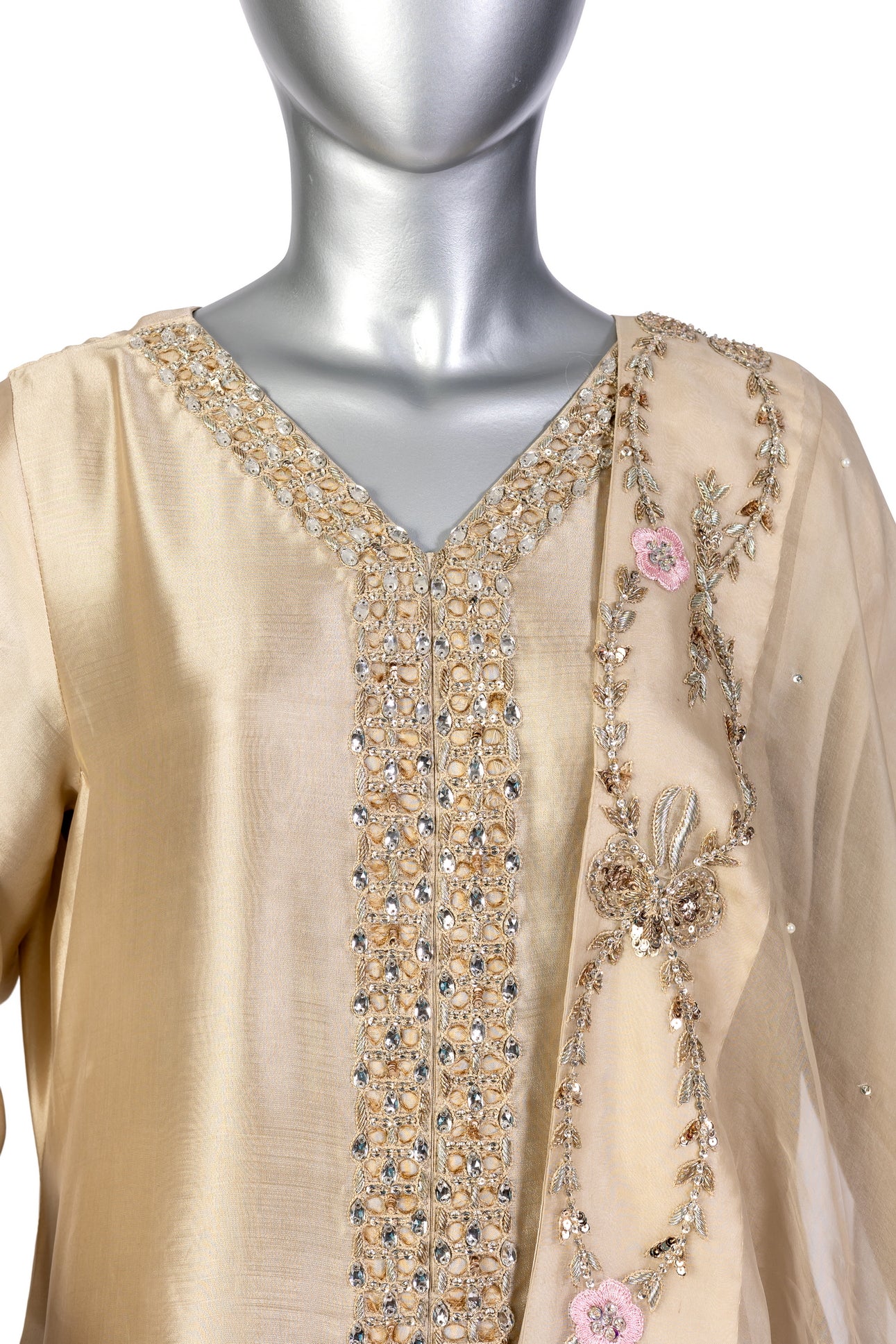 Kavia Gold Designer Wedding Outfit Sheesha Silk Shirt Straight Pants Organza Dupatta Resham Handwork MariamRaj