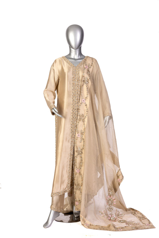 Kavia Gold Designer Wedding Outfit Sheesha Silk Shirt Straight Pants Organza Dupatta Resham Handwork MariamRaj