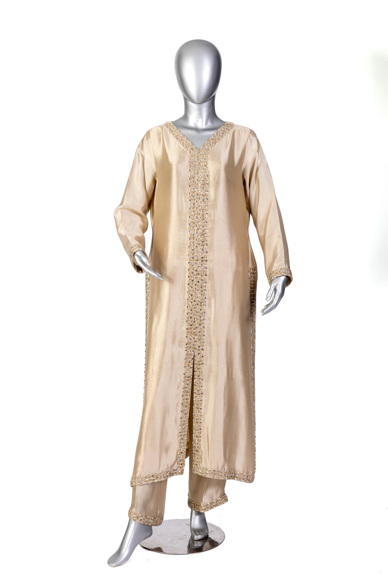 Kavia Gold Designer Wedding Outfit Sheesha Silk Shirt Straight Pants Organza Dupatta Resham Handwork MariamRaj
