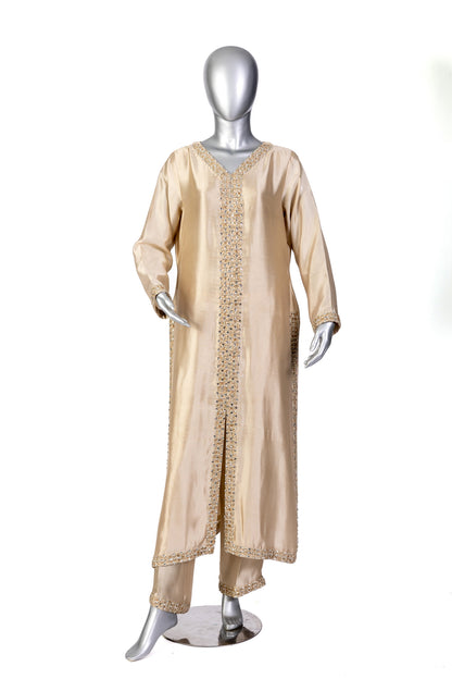Kavia Gold Designer Wedding Outfit Sheesha Silk Shirt Straight Pants Organza Dupatta Resham Handwork MariamRaj