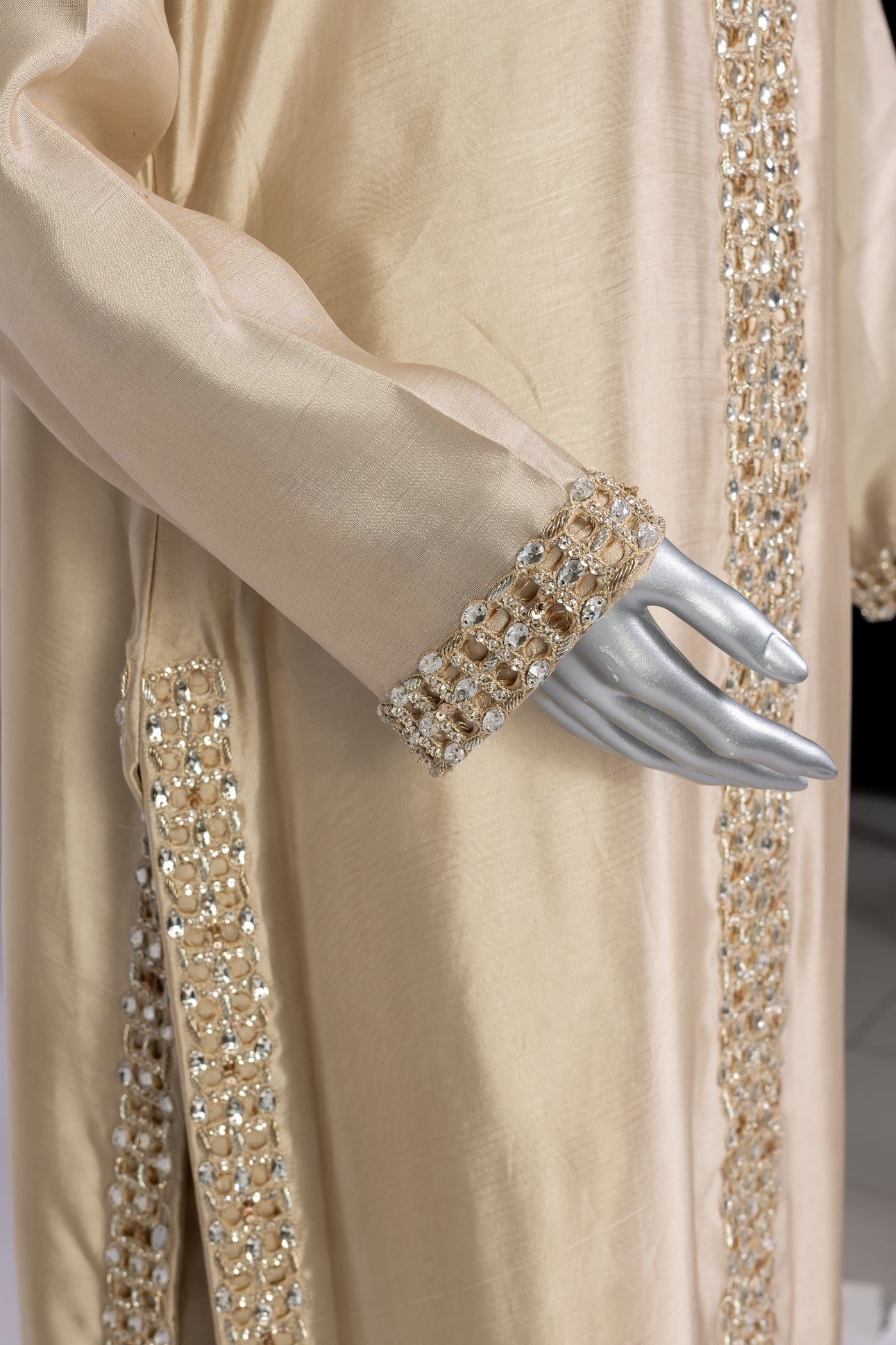 Kavia Gold Designer Wedding Outfit Sheesha Silk Shirt Straight Pants Organza Dupatta Resham Handwork MariamRaj