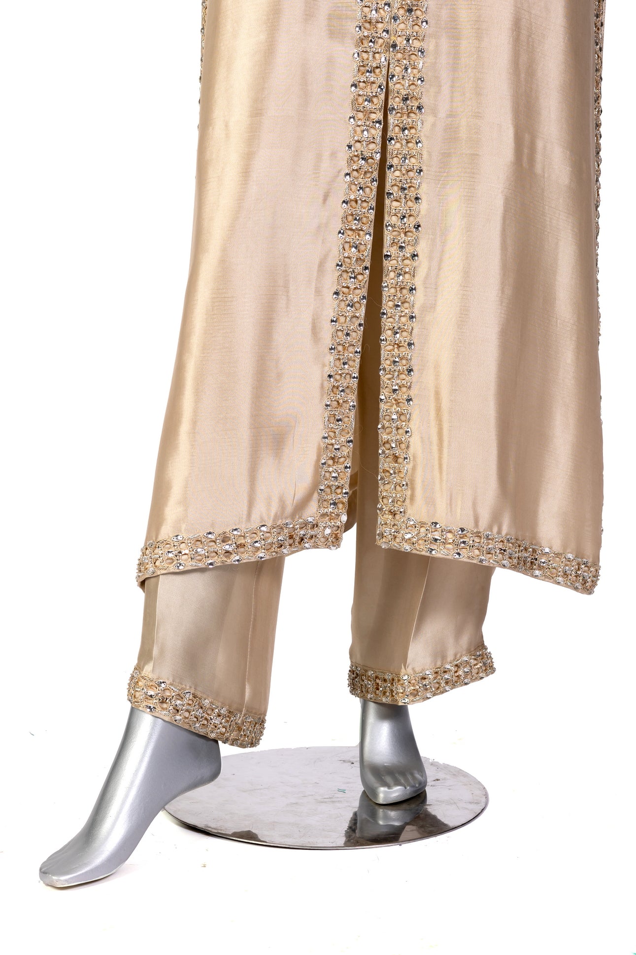 Kavia Gold Designer Wedding Outfit Sheesha Silk Shirt Straight Pants Organza Dupatta Resham Handwork MariamRaj