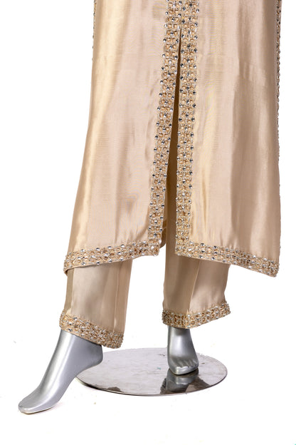 Kavia Gold Designer Wedding Outfit Sheesha Silk Shirt Straight Pants Organza Dupatta Resham Handwork MariamRaj