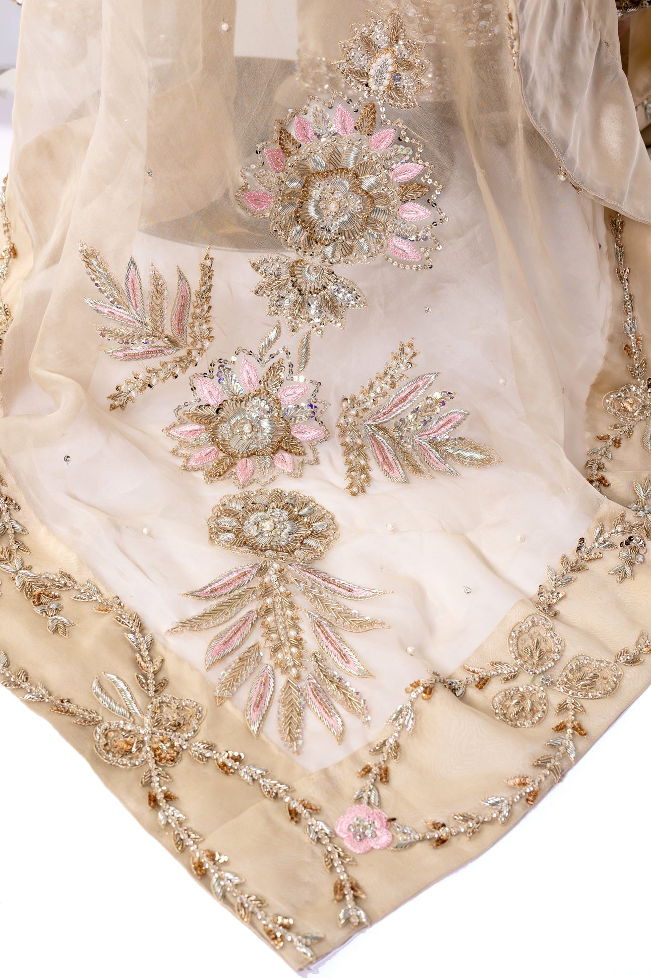 Kavia Gold Designer Wedding Outfit Sheesha Silk Shirt Straight Pants Organza Dupatta Resham Handwork MariamRaj