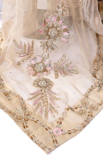 Kavia Gold Designer Wedding Outfit Sheesha Silk Shirt Straight Pants Organza Dupatta Resham Handwork MariamRaj