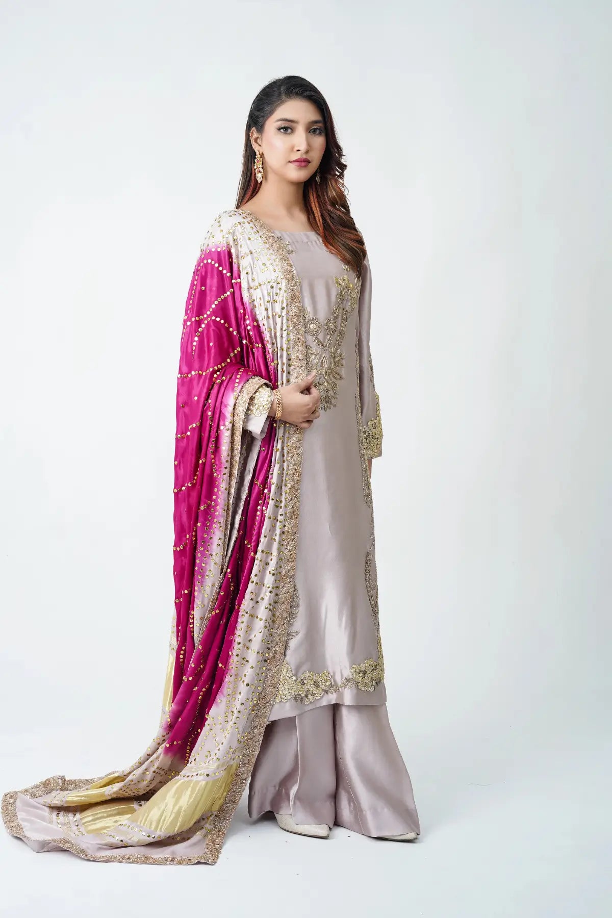 Laiba grey magenta sheesha silk festive Eid outfit with heavy mukesh chunri dupatta by MariamRaj