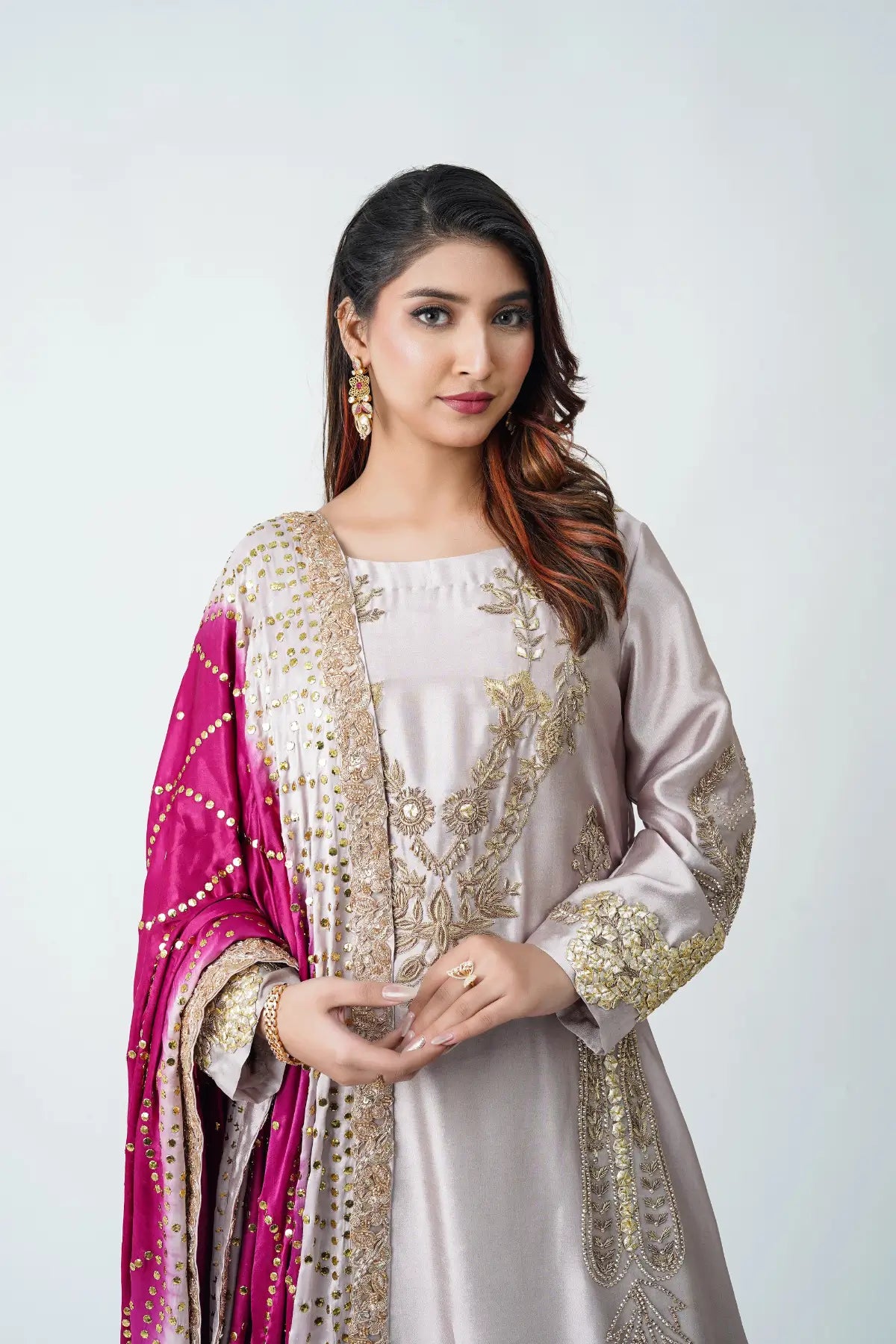 Laiba grey magenta sheesha silk festive Eid outfit with heavy mukesh chunri dupatta by MariamRaj
