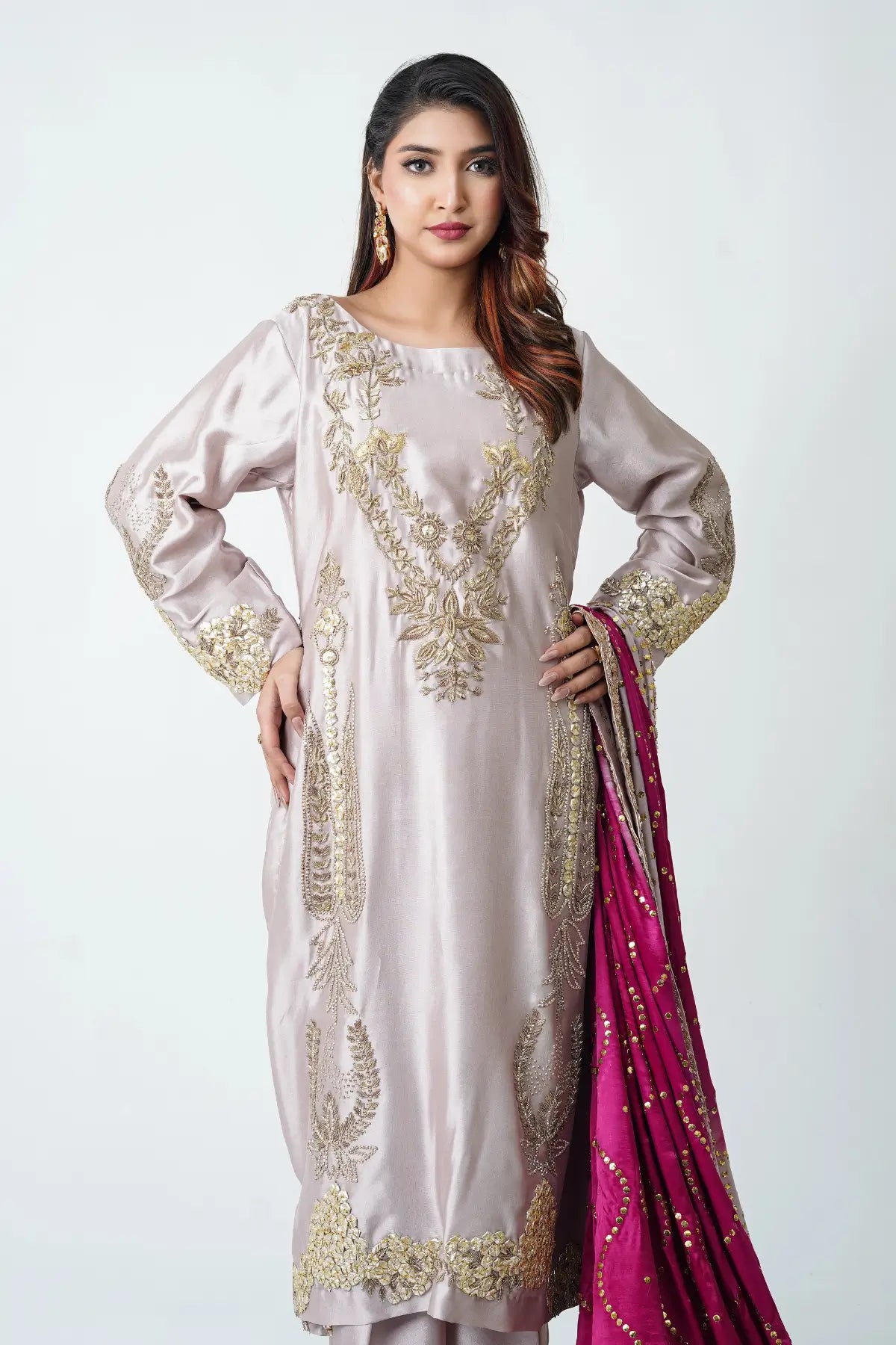 Laiba grey magenta sheesha silk festive Eid outfit with heavy mukesh chunri dupatta by MariamRaj