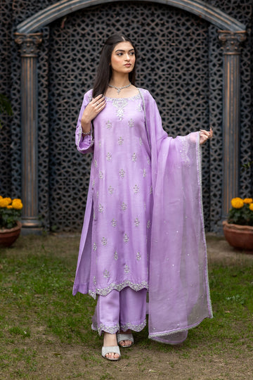 Laila lavender raw silk 3PC Eid Edit 2026 with silver handwork by MariamRaj