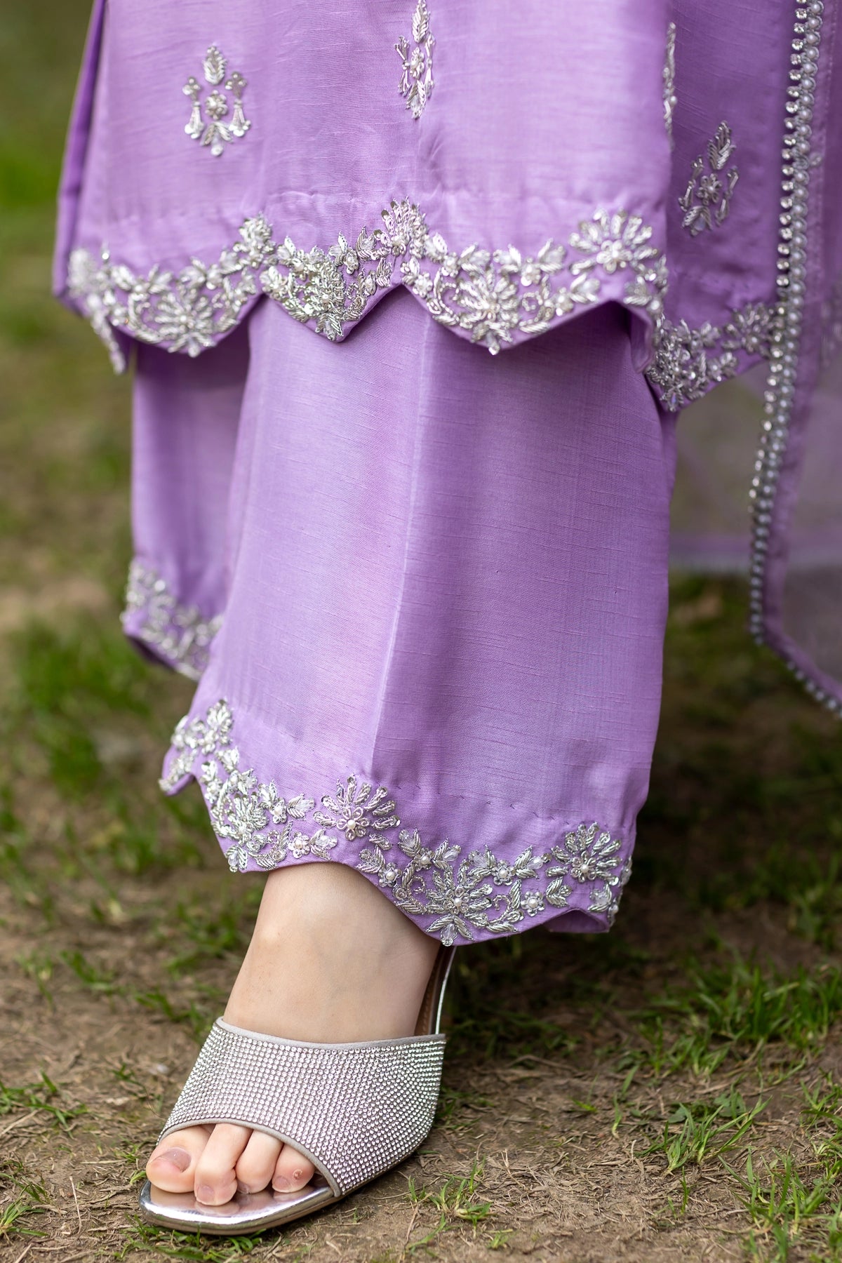 Laila lavender raw silk 3PC Eid Edit 2026 with silver handwork by MariamRaj