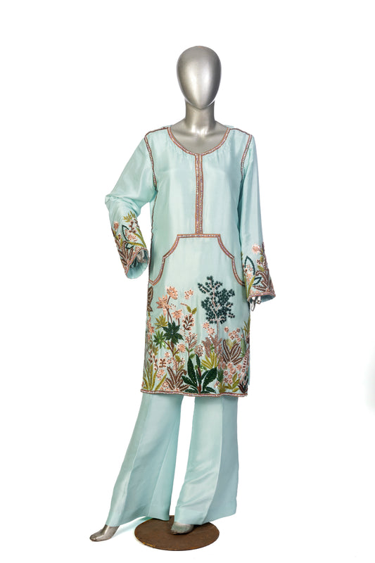 Laraib Mint Green Silk Ensemble with Handworked Shirt, Bell-Bottom Pants  – Party & Evening Wear by MariamRaj