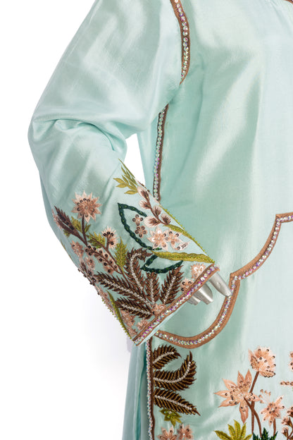 Laraib Mint Green Silk Ensemble with Handworked Shirt, Bell-Bottom Pants  – Party & Evening Wear by MariamRaj