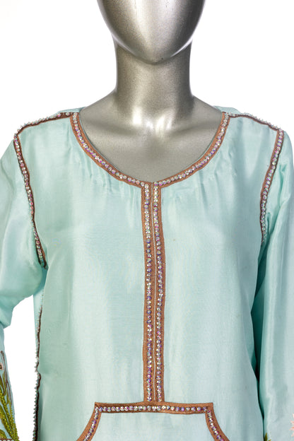 Laraib Mint Green Silk Ensemble with Handworked Shirt, Bell-Bottom Pants  – Party & Evening Wear by MariamRaj