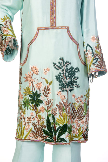 Laraib Mint Green Silk Ensemble with Handworked Shirt, Bell-Bottom Pants  – Party & Evening Wear by MariamRaj