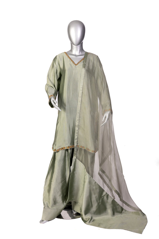Lioren Grey Sheesha Silk Shalwar Kameez with organza dupatta by MariamRaj, perfect for casual gatherings, brunches, and stylish everyday wear.