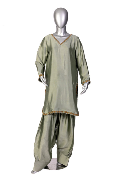 Lioren Grey Sheesha Silk Shalwar Kameez with organza dupatta by MariamRaj, perfect for casual gatherings, brunches, and stylish everyday wear.