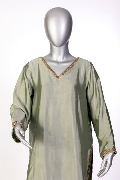 Lioren Grey Sheesha Silk Shalwar Kameez with organza dupatta by MariamRaj, perfect for casual gatherings, brunches, and stylish everyday wear.