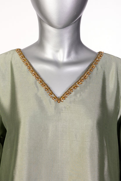 Lioren Grey Sheesha Silk Shalwar Kameez with organza dupatta by MariamRaj, perfect for casual gatherings, brunches, and stylish everyday wear.