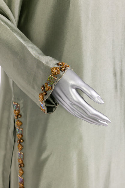 Lioren Grey Sheesha Silk Shalwar Kameez with organza dupatta by MariamRaj, perfect for casual gatherings, brunches, and stylish everyday wear.
