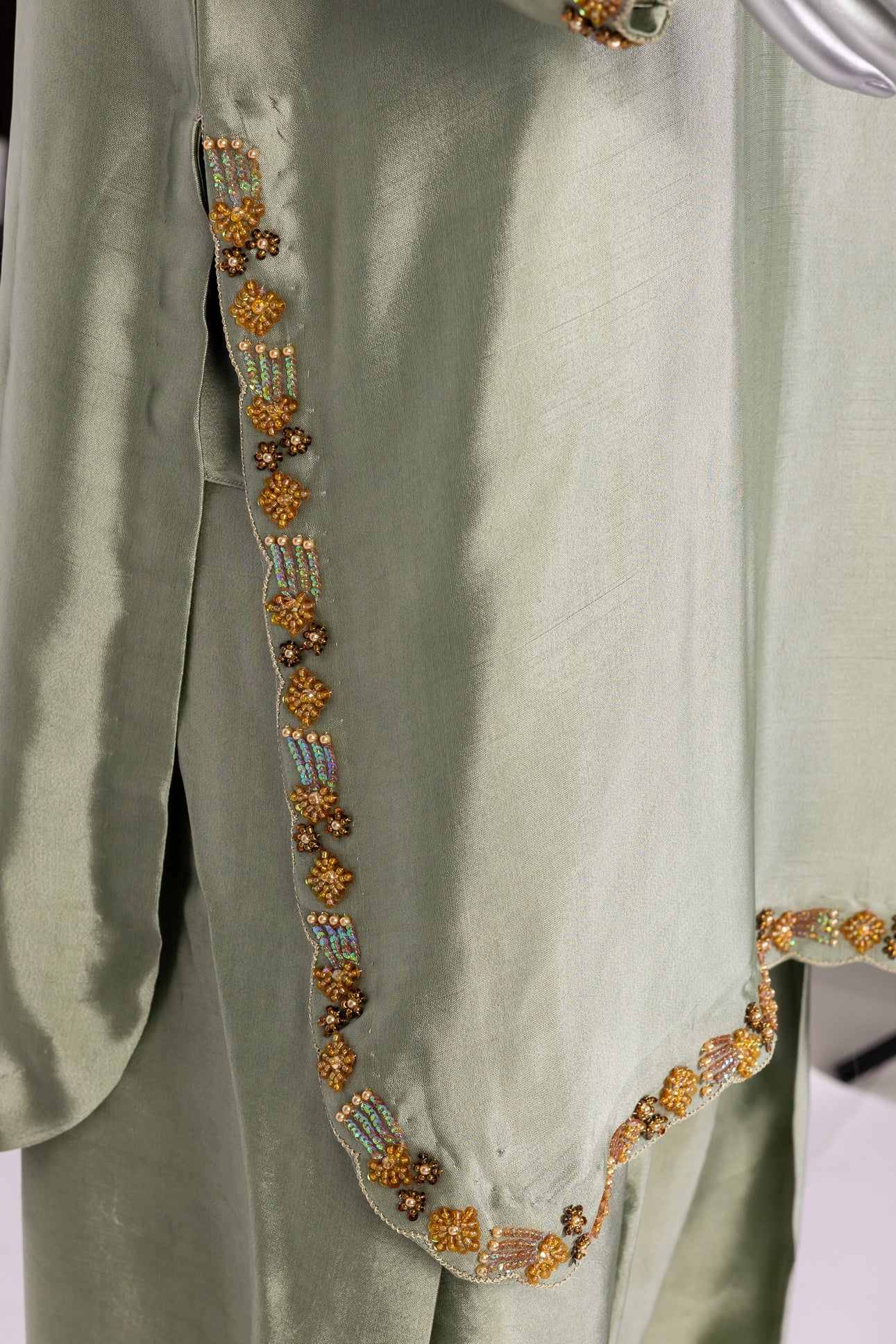 Lioren Grey Sheesha Silk Shalwar Kameez with organza dupatta by MariamRaj, perfect for casual gatherings, brunches, and stylish everyday wear.