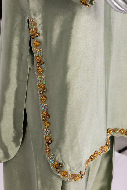Lioren Grey Sheesha Silk Shalwar Kameez with organza dupatta by MariamRaj, perfect for casual gatherings, brunches, and stylish everyday wear.