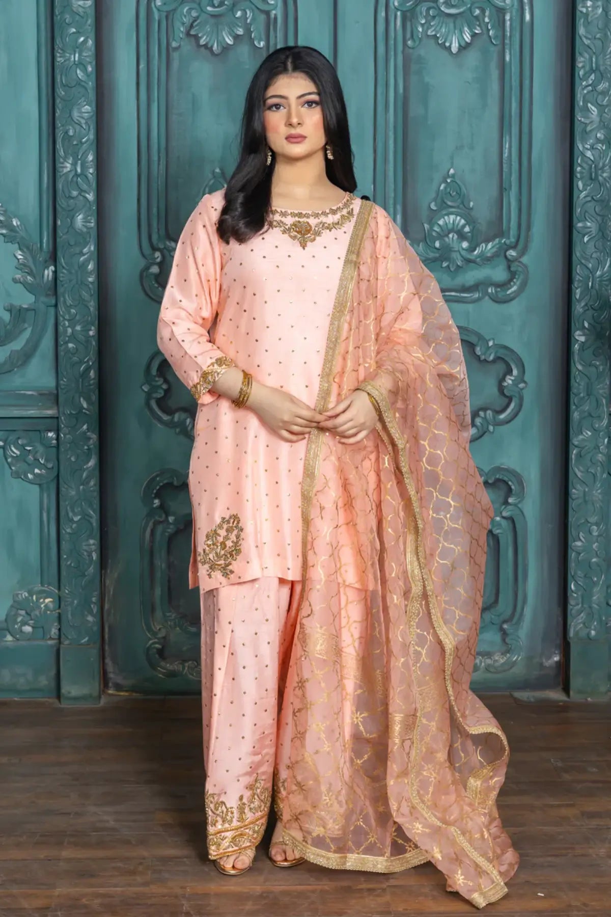 Maahi- Peach and Gold Farshi Shalwar Suit