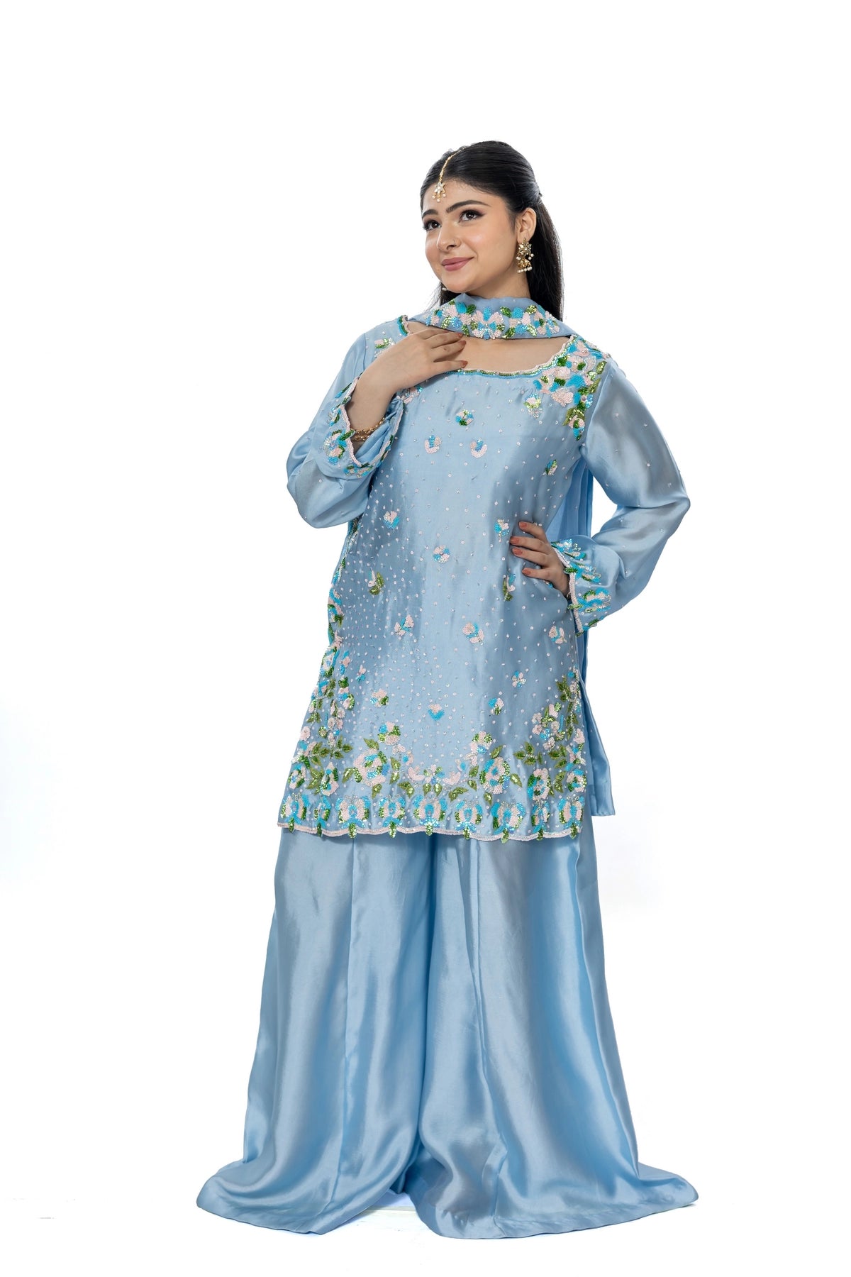 Madhubala periwinkle blue sequin handwork Sheesha silk suit with organza dupatta by MariamRaj