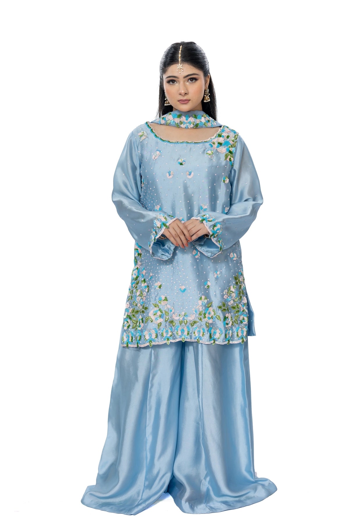 Madhubala periwinkle blue sequin handwork Sheesha silk suit with organza dupatta by MariamRaj