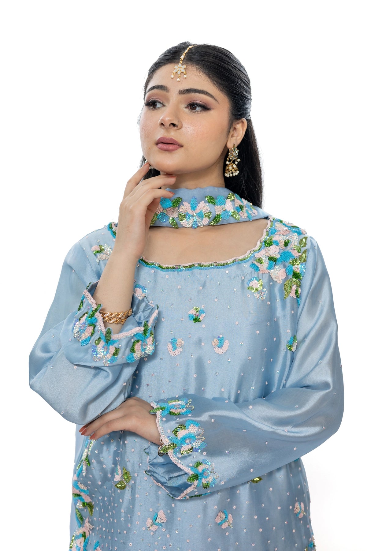 Madhubala periwinkle blue sequin handwork Sheesha silk suit with organza dupatta by MariamRaj