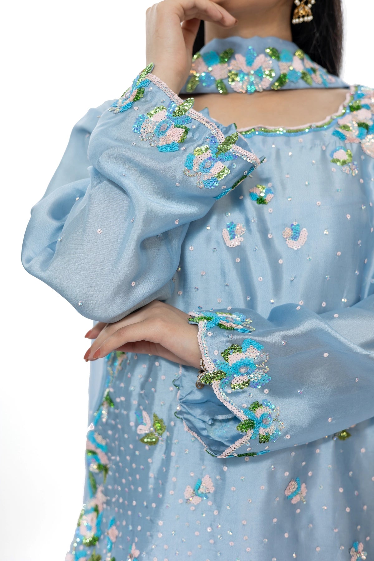Madhubala periwinkle blue sequin handwork Sheesha silk suit with organza dupatta by MariamRaj